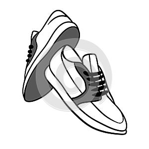 Hand drawn illustration of sneakers trainers running shoes in black and white. Modern monochrome drawing of sportwear