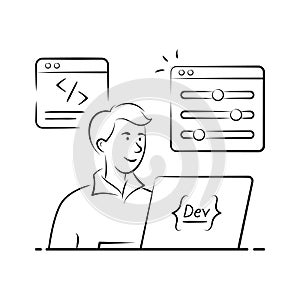 Hand drawn illustration of a software developer working on a laptop.
