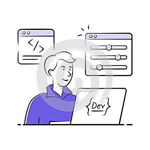 Hand drawn illustration of a software developer working on a laptop.