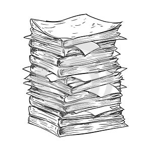 Large Stack of Books and Papers, Hand-Drawn Illustration