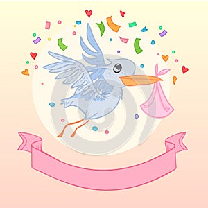 Hand drawn illustration - Stork brought newborn. Vector. photo