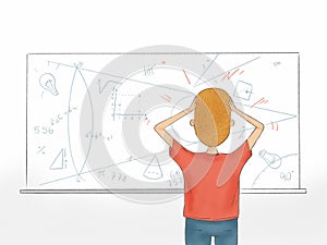 Hand drawn illustration of a student looking at math problem on whiteboard