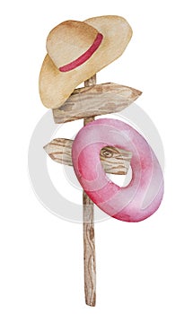 Hand-Drawn Illustration Of Summer Theme Featuring Wooden Signpost With Hanging Hat And Swimming Ring