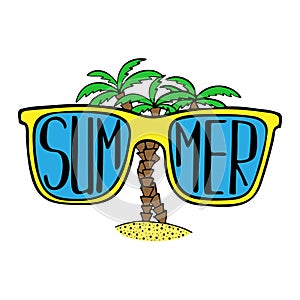 Hand-drawn illustration with sunglasses and palms with lettering