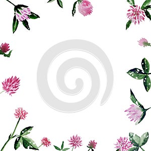 Hand drawn illustration. Template with clower flowers and leaves on white background. Watercolor illustration