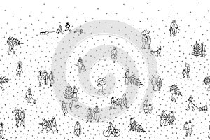 Hand drawn illustration of tiny pedestrians walking in winter through the city