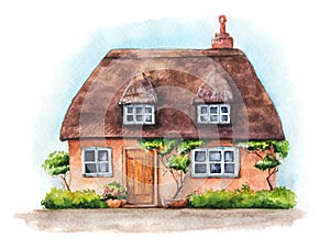 Hand drawn illustration of traditional English village house isolated on white background