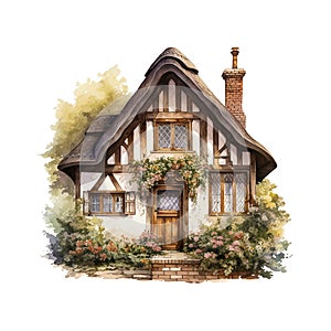 Hand drawn illustration of traditional English village house isolated on white background. Watercolor cozy house with