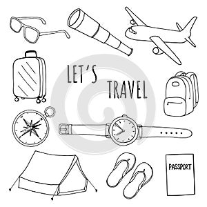 Hand drawn illustration with travel items