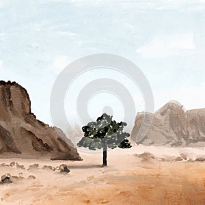 Hand drawn illustration of tree in desert with mountains rocks cliffs. Orange sand dune sahara nature, blue sky, hot dry