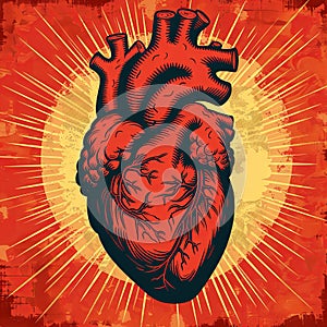 a hand drawn illustration of an unformed human heart with rays, in the style of pop art prints, realistic. Generative AI