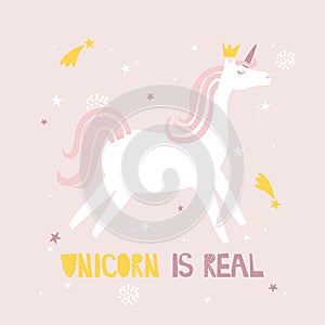 Hand drawn illustration, unicorn, stars,english text. Colorful cute background, funny horse. Unicorn is real