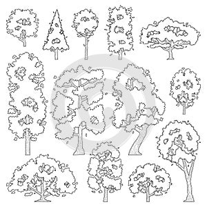 Hand drawn illustration vector set of side view trees