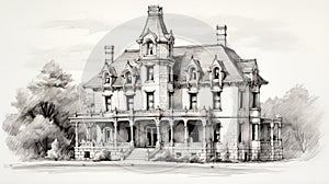 Hand Drawn Illustration Of Victorian House On Hill With Large Porches