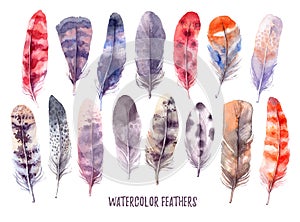 Hand drawn illustration - Watercolor feathers collection. Aquarelle boho set. Isolated on white background. Perfect for