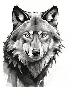 Hand drawn illustration of wild wolf head isolated on white background. Illustration, poster, card, tatoo.