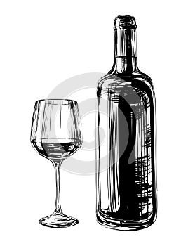 Dipinto a mano illustrazioni vino bicchiere un una bottiglia 