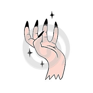 Hand drawn illustration of witch hand with black fingernails nails stars. Witchcraft magic mystic halloween art, elegant
