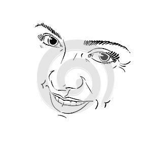 Hand-drawn illustration of woman face, black and white mask with