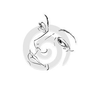 Hand-drawn illustration of woman face, black and white mask with