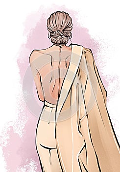 Hand drawn illustration of a woman with hairstyle bun stands with her back with her jacket on right shoulder