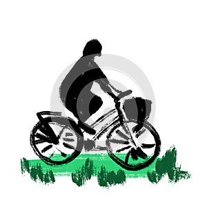 Hand drawn illustration of woman riding bicycle bike, black silhouette with green grass. City life transport