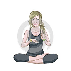 Hand drawn illustration of woman sitting in lotus pose of yoga. Meditation concept. Character