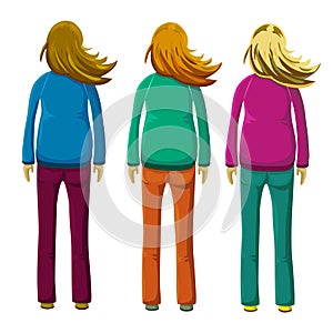 hand drawn illustration of young standing women with waving or flying dark, dressed in casual or sport jacket and trousers. Woman