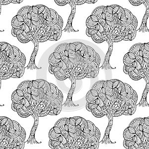 Hand-drawn illustrations. Abstract black and white trees. Seamless pattern.