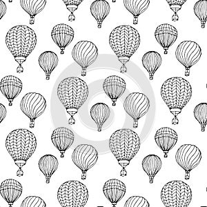 Hand-drawn illustrations. Black and white aerostats. Seamless pattern.