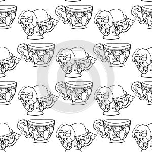 Hand-drawn illustrations. Black and white teacups. Postcard cute funny fell asleep in a cup. Seamless pattern.
