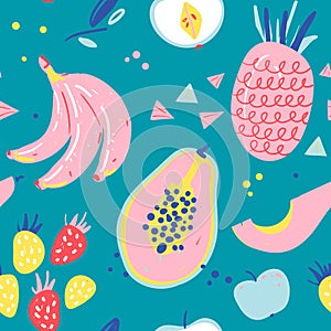 Hand drawn illustrations of fruit in bright colors and modern handrawn sketch style. Neon  seamless pattern. Endless backgro photo