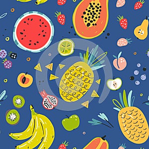 Hand drawn illustrations of fruit in bright colors and modern handrawn sketch style. Neon  seamless pattern. photo