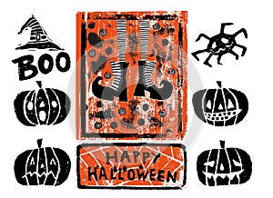 Hand drawn illustrations, ink stamps,  Halloween design elements