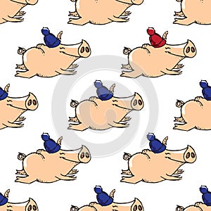Hand-drawn illustrations. New Year card. Winter card with a flying pig. Seamless pattern.