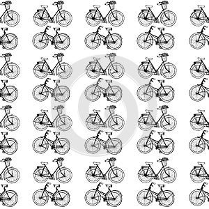 Hand-drawn illustrations. Vintage bicycles. Black and white postcard. Seamless pattern.