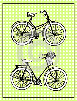 Hand-drawn illustrations. Vintage bicycles. Vintage polka dot card.