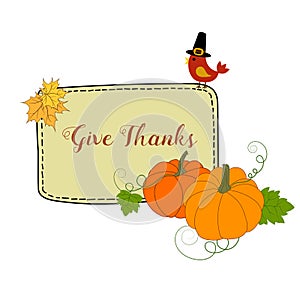 Hand drawn illustratration orange pumpkins, maple leaves, frame with lettering text give thanks, cute bird in pilgrim hat