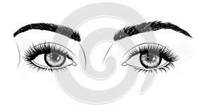 Hand-drawn image of eyes with eyebrows and long eyelashes