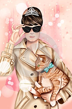 Hand drawn image - Girl wearing elegant outfit, black sunglasses and holding a cat