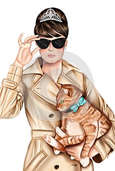 Hand drawn image - Girl wearing elegant outfit, black sunglasses and holding a cat