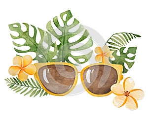 Hand-Drawn Image Watercolor Illustration Featuring Sunglasses With Tropical Leaves And Flowers