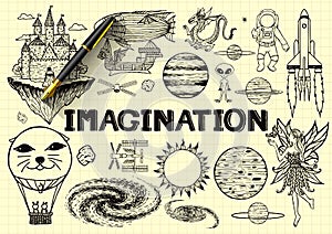 Hand drawn about imagination on yellow paper with 3d fountain pen