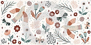 Hand-drawn imperfect birds, flowers, and butterflies. Horizontal floral banner design template.