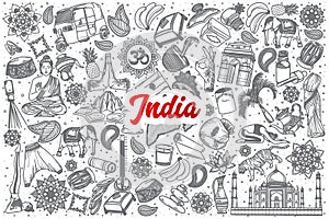 Hand drawn India doodle set with lettering