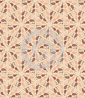 Hand Drawn Indiennne Paisley Motif Seamless Pattern. Ornate Arabesque Buta Foulard Design on Mosaic Background. Painted Ogee