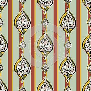 Hand Drawn Indiennne Paisley Motif Seamless Pattern. Ornate Arabesque Ornamental Vertical Stripe Background. Painted Ogee Boho photo