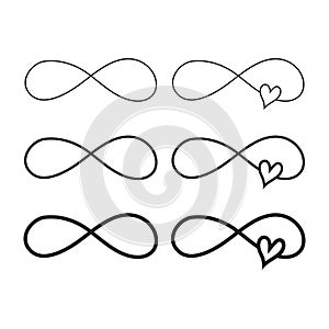 Hand drawn infinity symbol with heart, love sign doodle icon. Love sign forever for Happy Valentines Day.