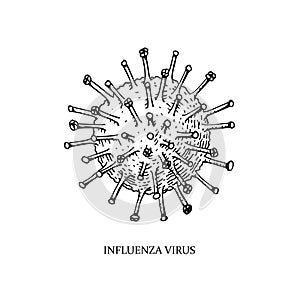 Hand drawn influenza virus illustration with name in sketch style. Microscope virus close up. Vector illustration