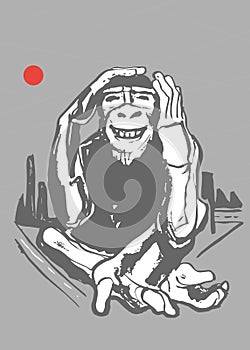 Hand drawn ink ape on a city background